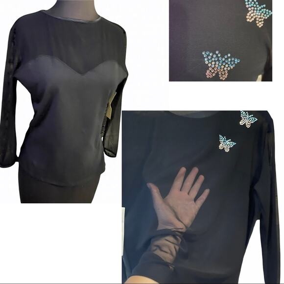 Vtg 90s Y2K Deadstock Sheer Illusion Top with Rhinestone Butterfly Shirt - Picture 1 of 11